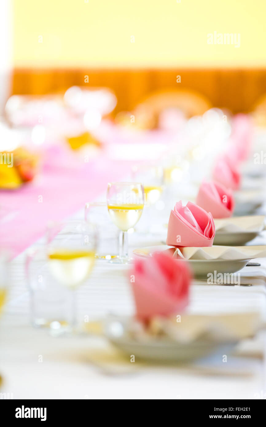 Reception or wedding table ready, farther focus, copy space Stock Photo