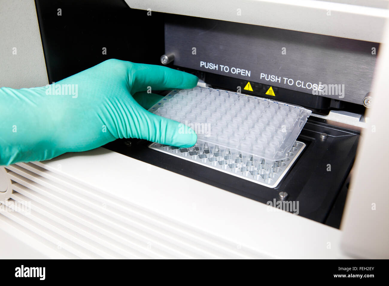 Green gloves, Thermal PCR cycler, DNA copying, wide shot Stock Photo