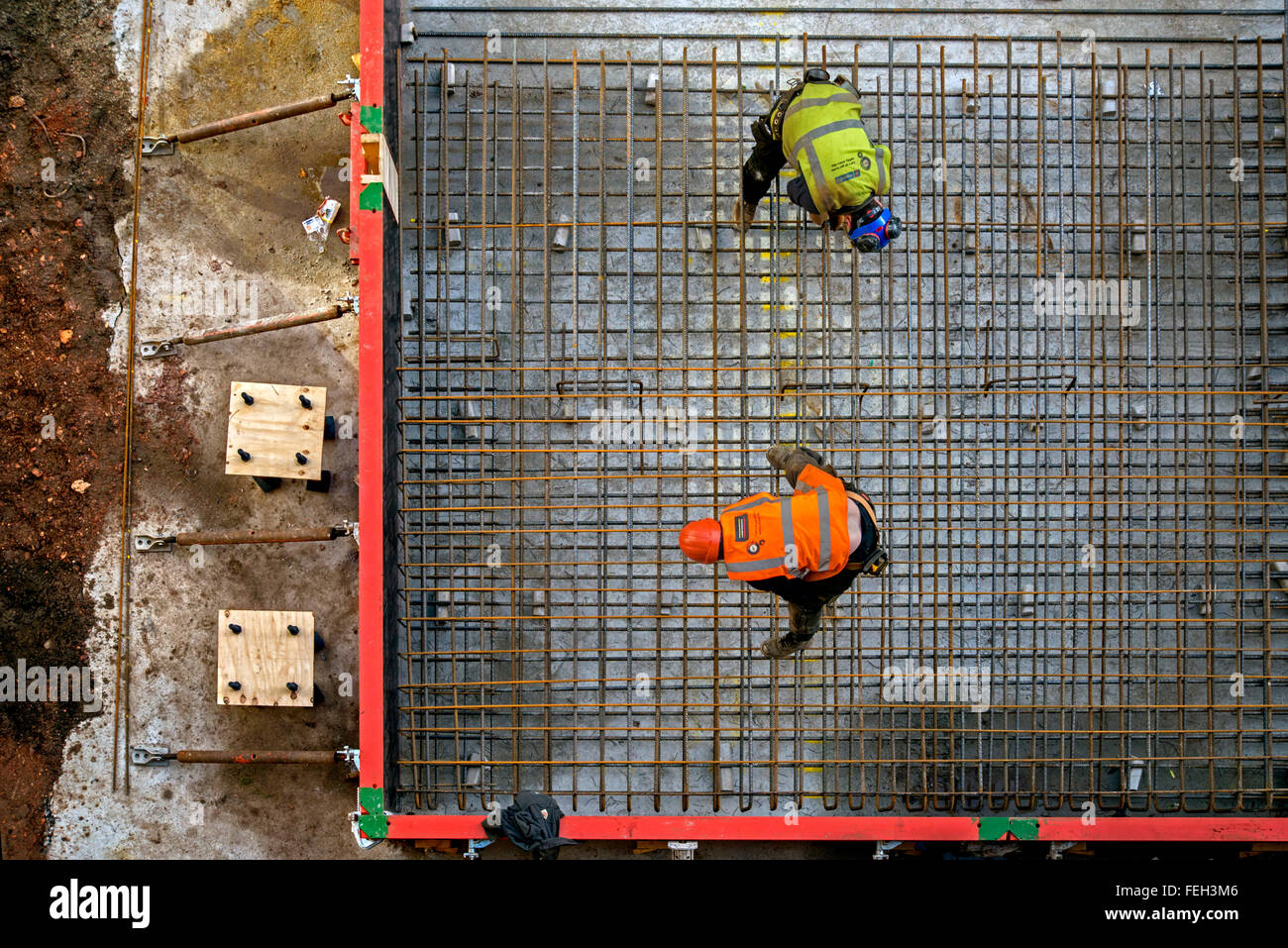 Two construction workers building a steel framework as part of the redevelopment of the St James Centre, Edinburgh. Stock Photo