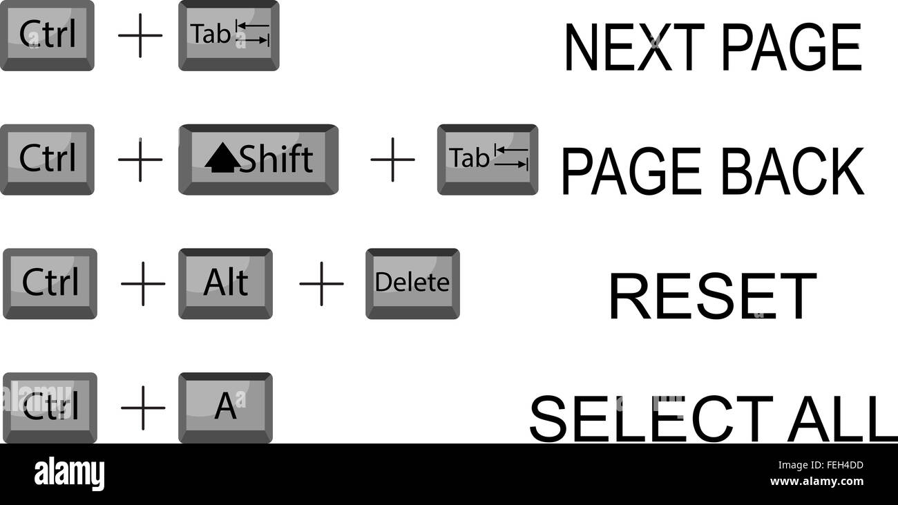 Set of combination button keyboard. Interface command, computer combination, key keypad, ctrl and tab, shift and reboot. Vector Stock Photo