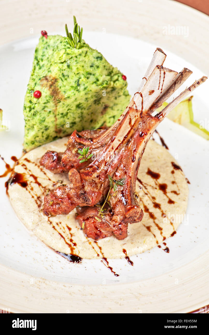 ribs calf with potato puree Stock Photo - Alamy