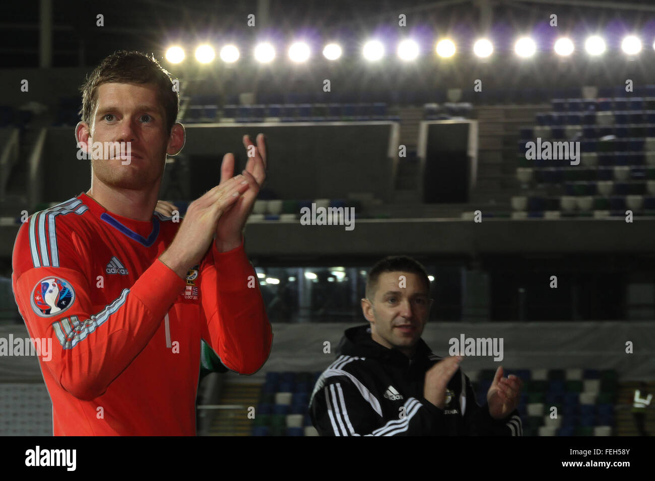 08 Oct 2015 - Euro 2016 Qualifier - Group F - Northern Ireland 3 Greece 1. Northern Ireland goalkeeper Michael McGovern celebrates qualification for the Euro 2016 finals. Stock Photo