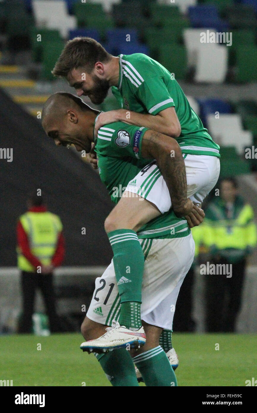 08 Oct 2015 - Euro 2016 Qualifier - Group F - Northern Ireland 3 Greece 1. Northern Ireland players Josh Magennis (l) and Stuart Dallas (right) celebrate after their country qualified for the Euro finals for the first time in its' history. Stock Photo