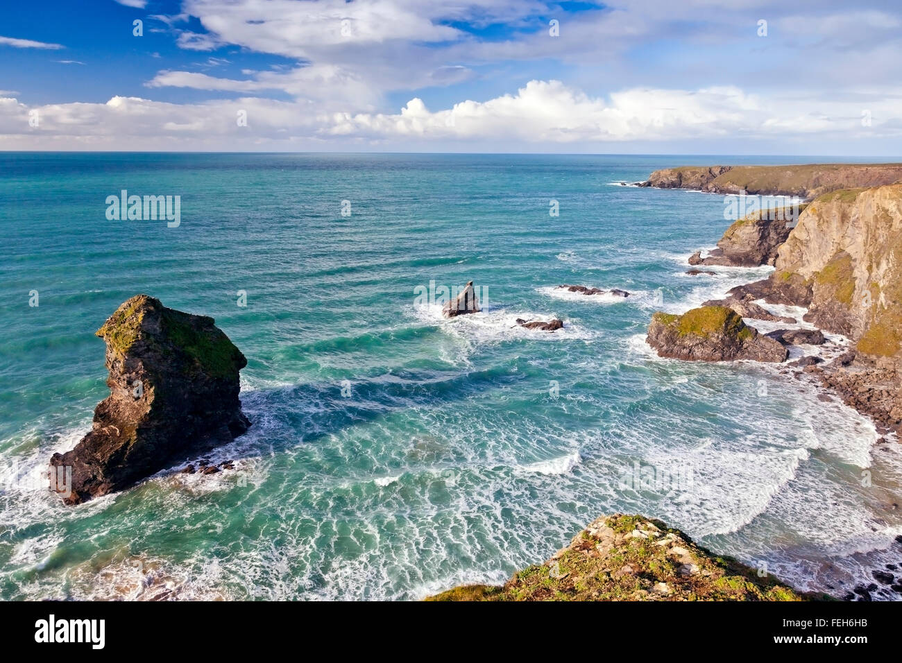 The dramatic sea stacks at Bedruthan Steps on the north coast of Cornwall, England, UK Stock Photo