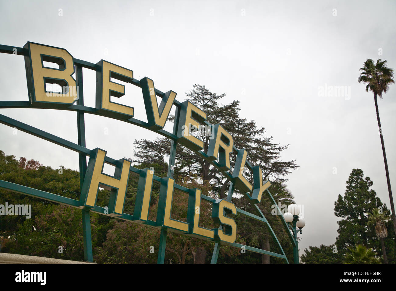 View of Beverly Hills sign in Beverly Gardens Park, Los Angeles Stock Photo