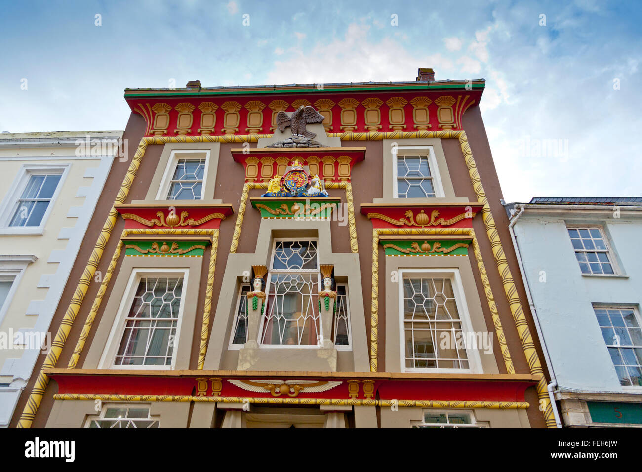 The dramatic and colourful architecture of the Egyptian House owned by The Landmark Trust in Penzance, Cornwall, England, UK Stock Photo