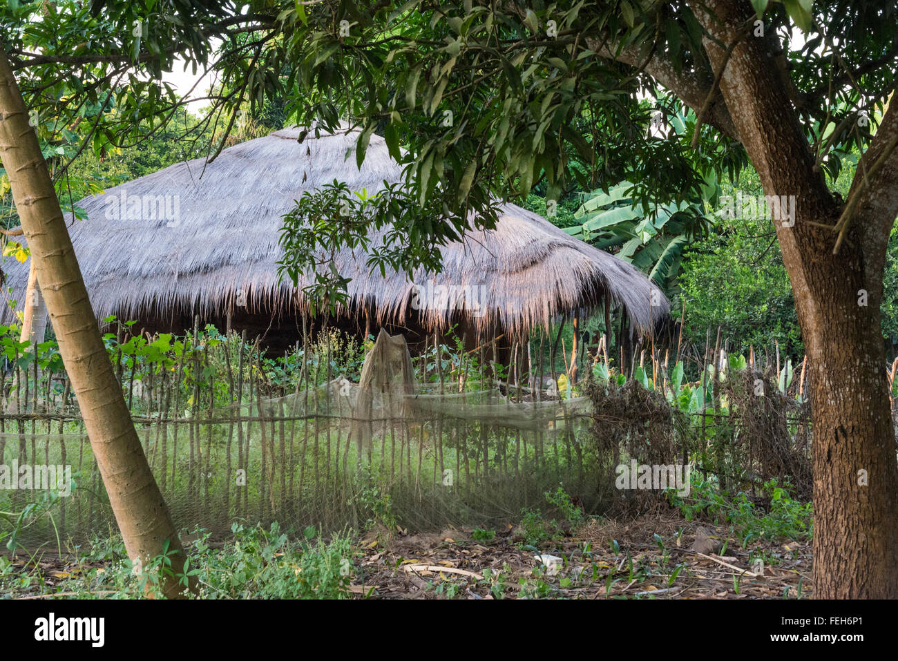 A thatched house in the village of Agande on Uno island on the Bijagos archipelago in Guinea Bissau Stock Photo