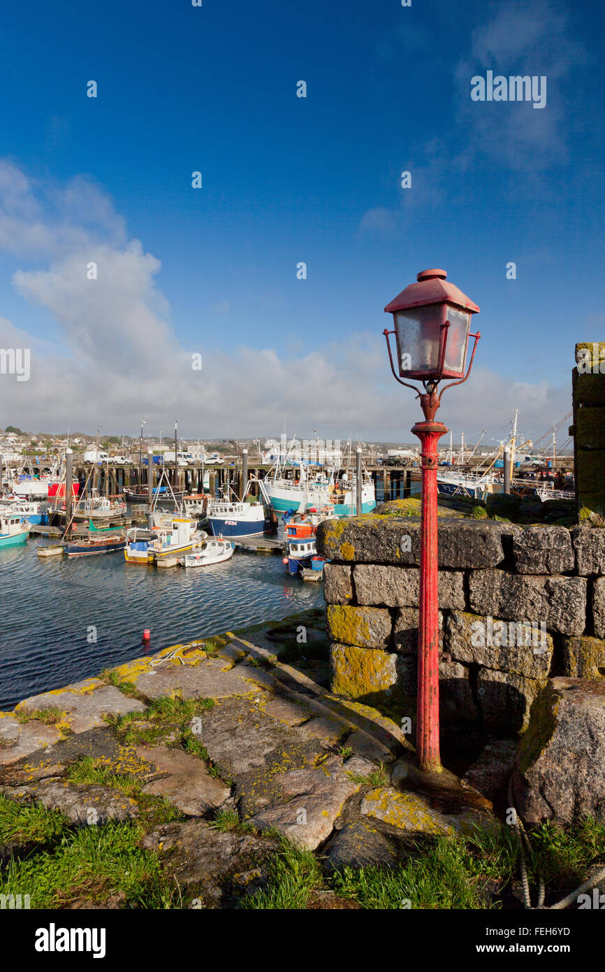The original breakwater light at the entrance to the old harbour in Newlyn, Cornwall, England