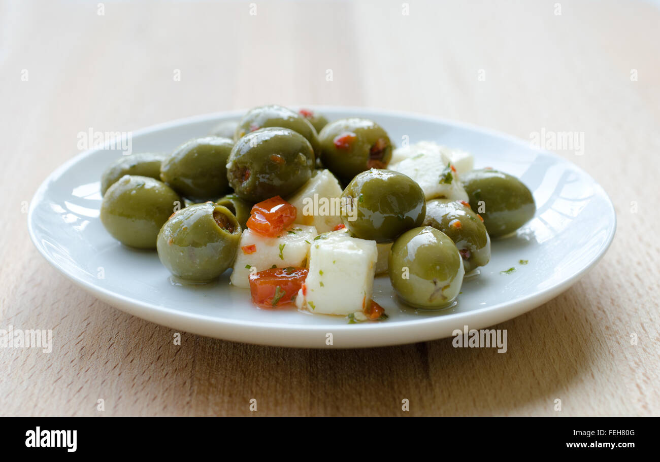 Olive and feta cheese tapas dish Stock Photo