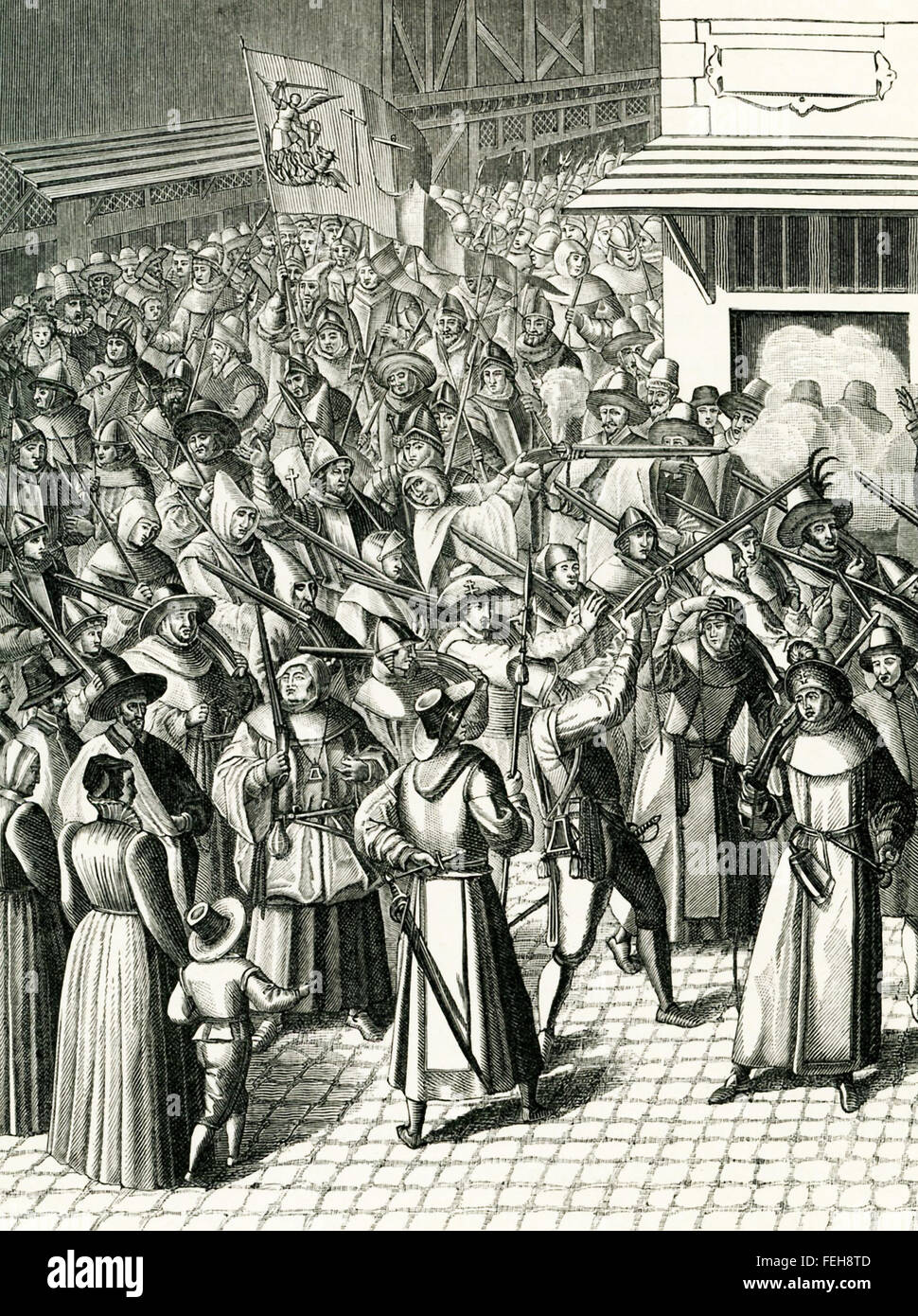 This 1800s engraving—on three boards— illustrates the 'Procession of the League.' The League referred to is the Catholic League,  also known as the Holy League. Here, the members are all shown armed and ready to do battle. The League was formed by he French Henry I, Duke of Guise, in 1576. It was the time of the Protestant Reformation, the Wars of Religions, and Henry I's intent was to eliminate Protestantism in France. Stock Photo