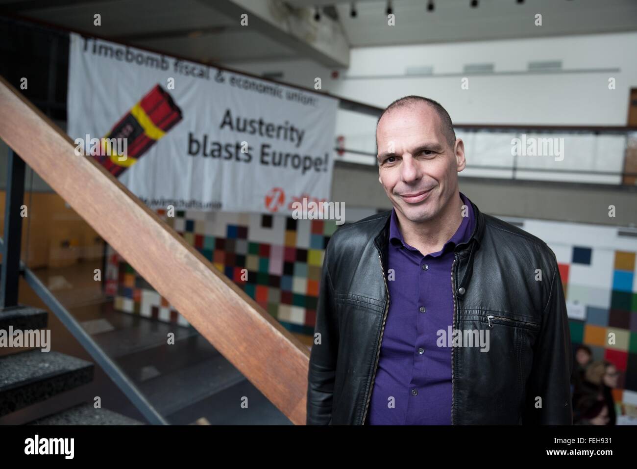 Former Greek finance minister Yanis Varoufakis arrives to a meeting of the Blockupy movement in Berlin, Germany, 07 February 2016. Photo: JORG CARSTENSEN/dpa Stock Photo