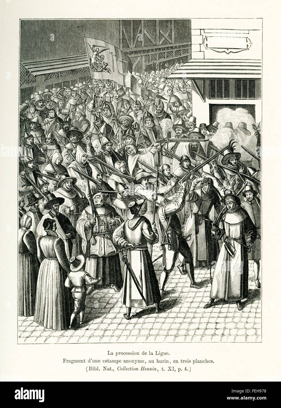 This 1800s engraving—on three boards— illustrates the 'Procession of the League.' The League referred to is the Catholic League,  also known as the Holy League. Here, the members are all shown armed and ready to do battle. The League was formed by he French Henry I, Duke of Guise, in 1576. It was the time of the Protestant Reformation, the Wars of Religions, and Henry I's intent was to eliminate Protestantism in France. Stock Photo