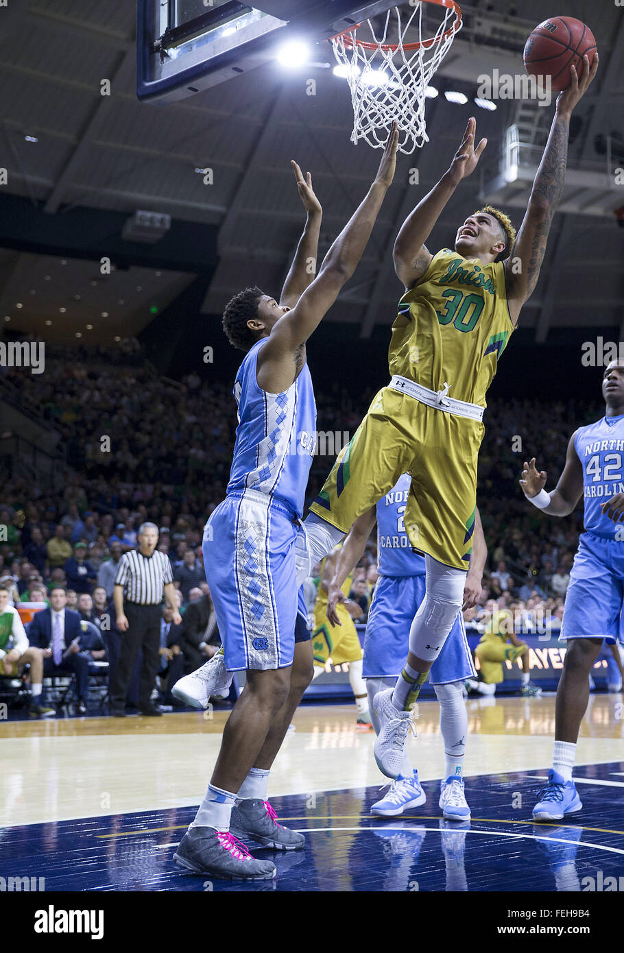 February 06, 2016 Notre Dame forward Zach Auguste (30) goes up for a