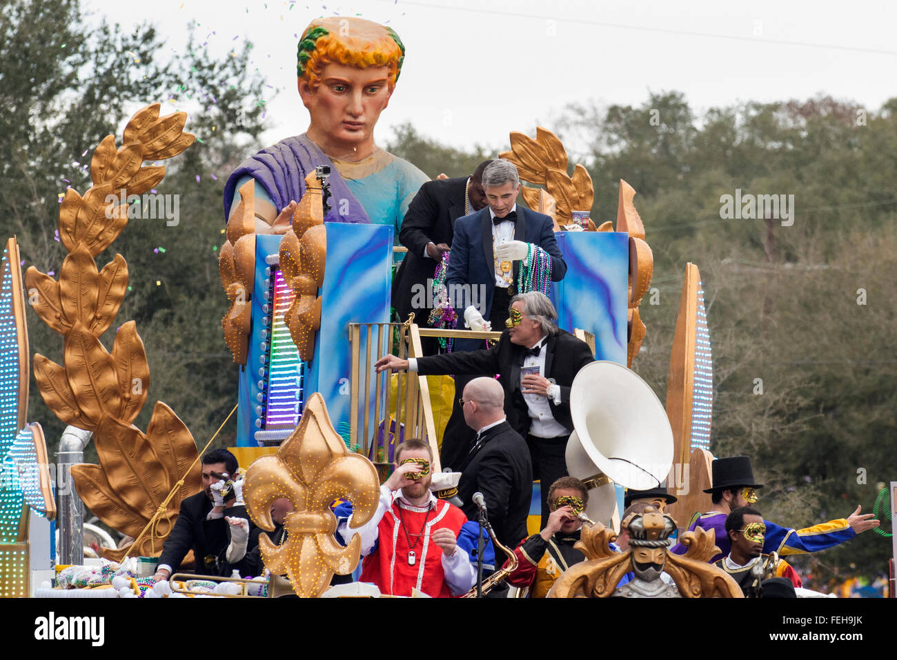 New Orleans, USA. 6th February, 2016.  Jerry Springer throws beads with the Krewe of Endymion as they roll out from Lakeview near City Park for their 50th Anniversary parade during New Orleans Mardi Gras. Credit:  JT Blatty/Alamy Live News Stock Photo