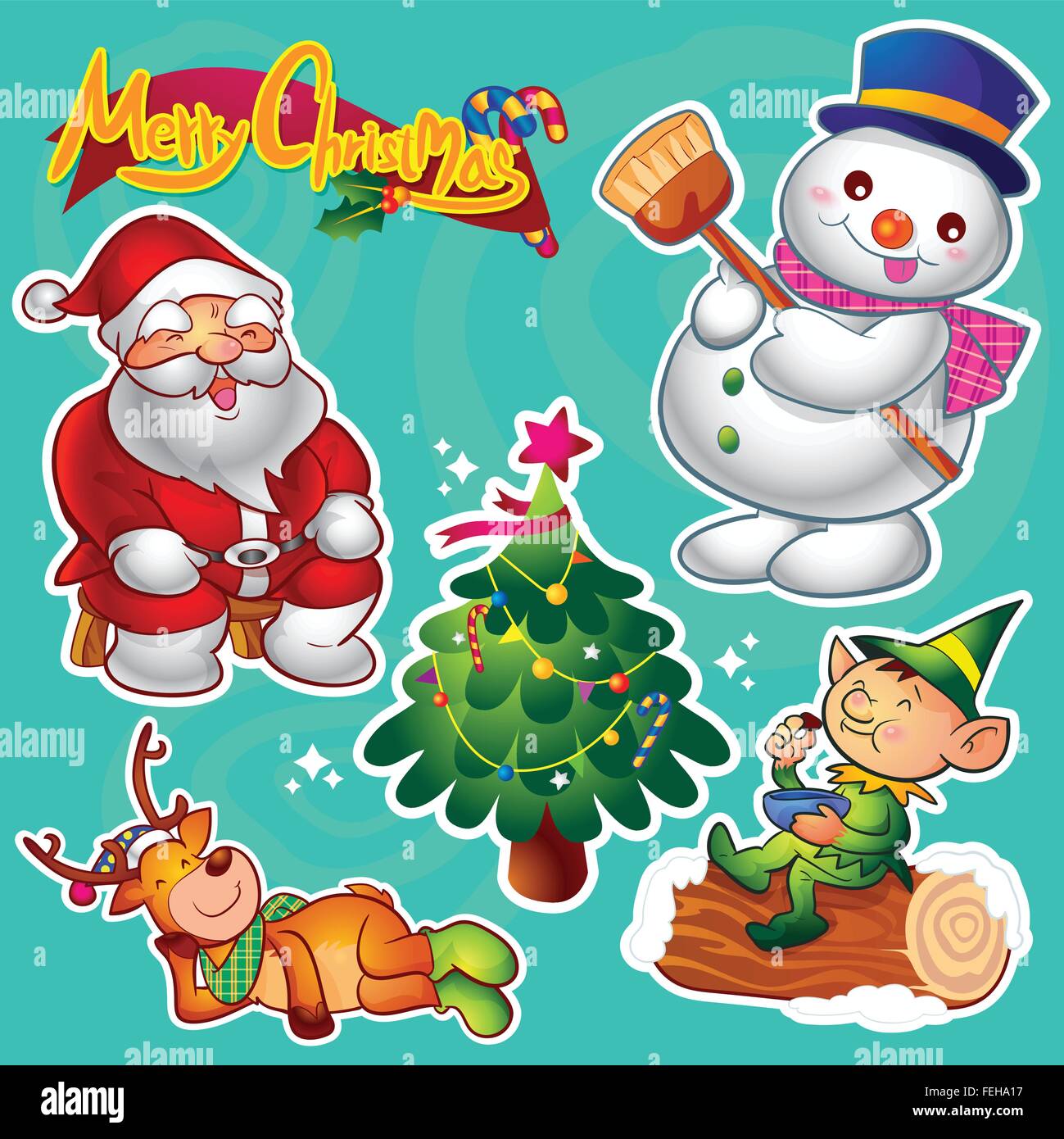 set of colorful cute christmas characters and decorations