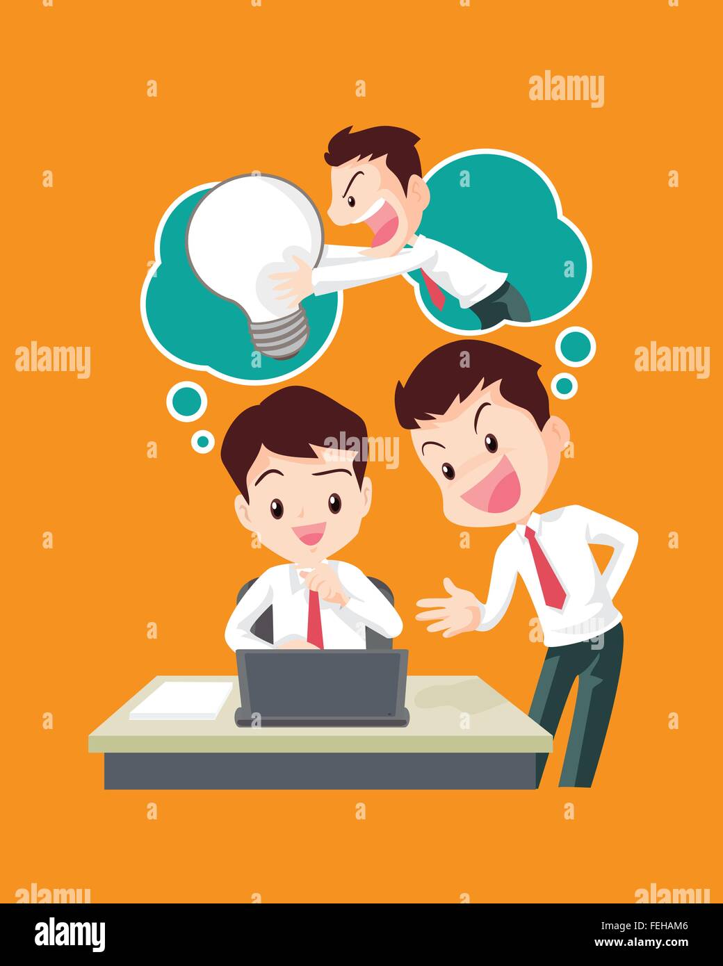 Vector cartoon of Businessman stealing idea from another man.Hand stealing,Employee listening to executive manager teaching Stock Vector