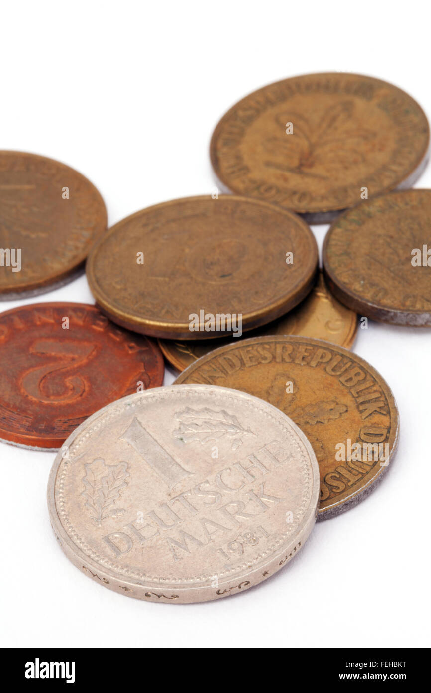 Old german deutsche mark coins from the pre-euro era Stock Photo
