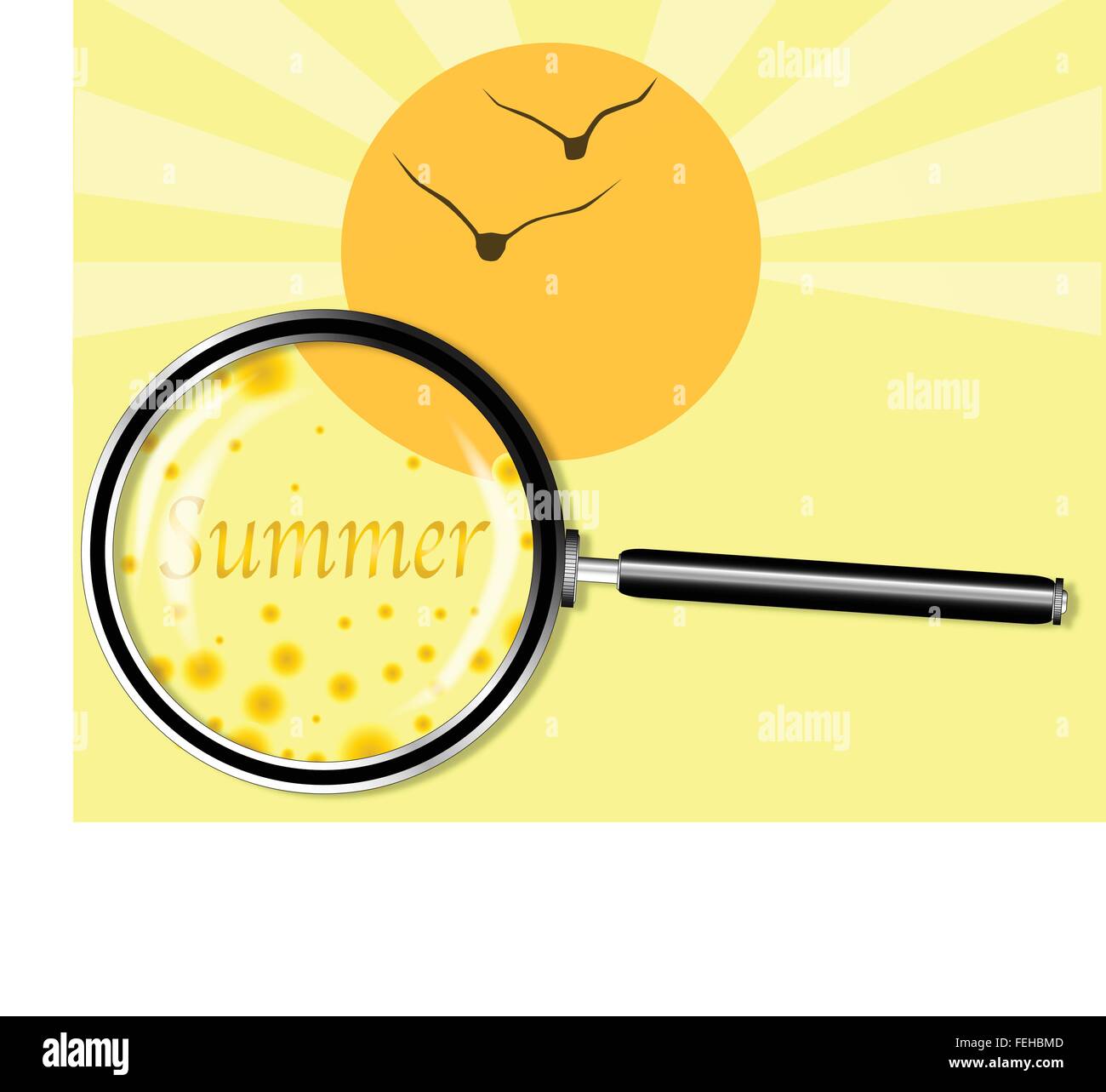 A depiction of Summer with a bright yellow and floating abstract balls below a magnifying glass Stock Vector