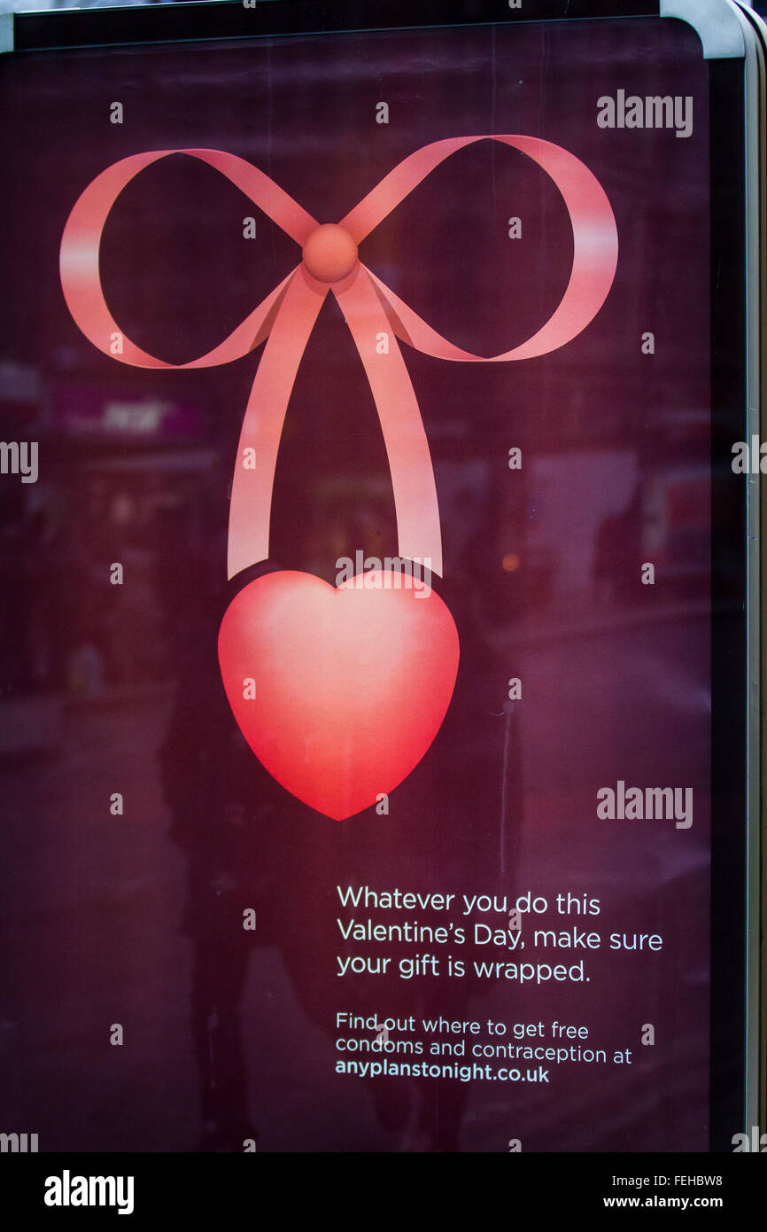 Valentine's Day, Saint Valentine's Day, Feast of Saint Valentine; Manchester, UK 7th February, 2016.  Risque, suggestive, blue, daring, naughty, improper, racy, bawdy, off colour, ribald, immodest, indelicate, creative Valentine's Day Advertisement. Stock Photo