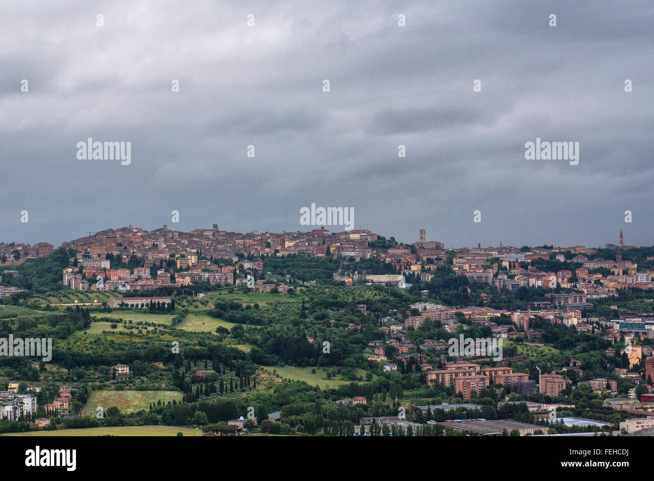 Panoramic photo of Perugia, the capital of Umbria, center of Italy. The picture shows that the city is on a hill. Stock Photo