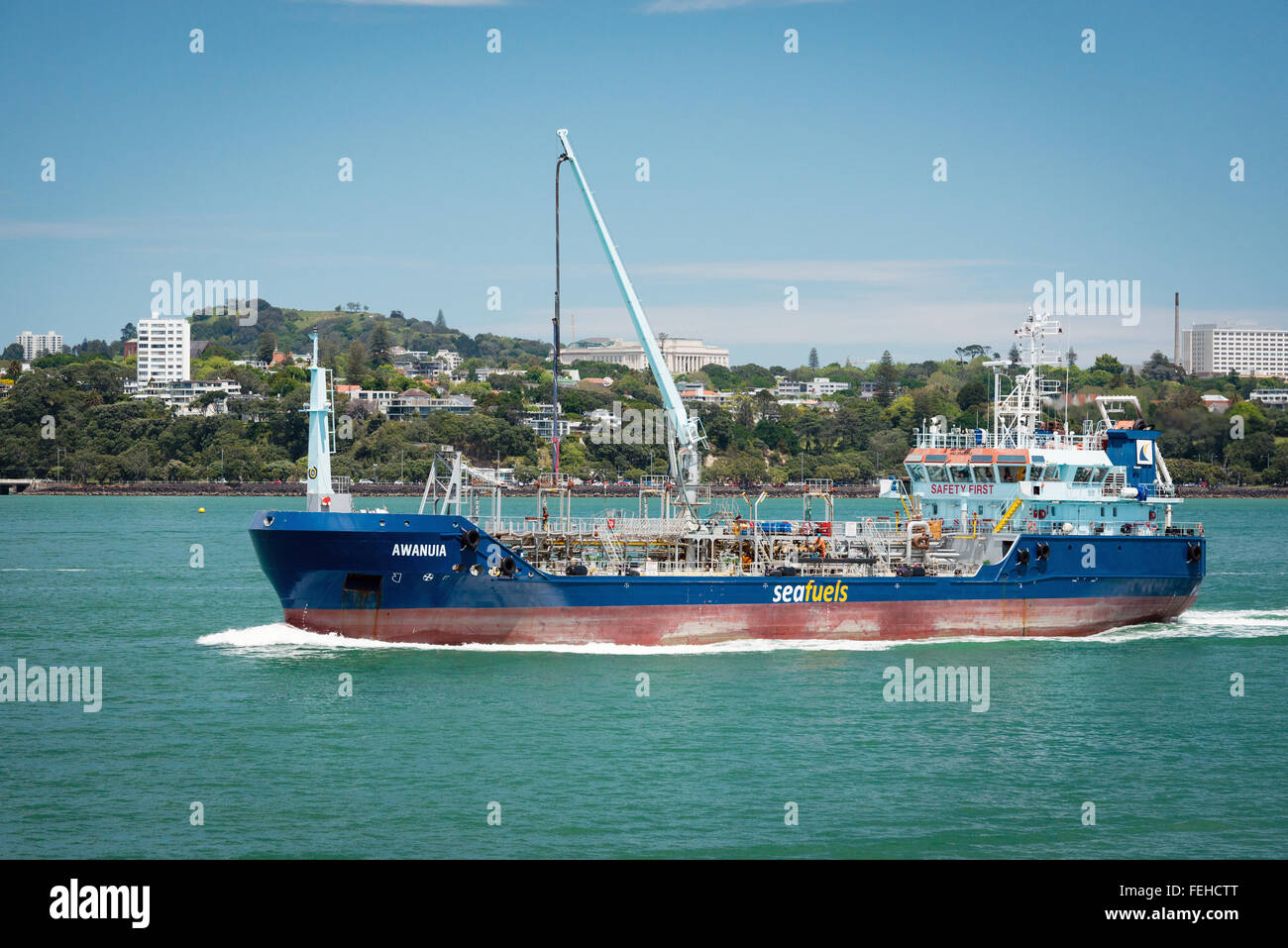 AUCKLAND, NEW ZEALAND - NOV 8 2015: Seafuel tanker Awanuia sailing on bay. Seafuel tanker provides refuelling vessel service. Stock Photo