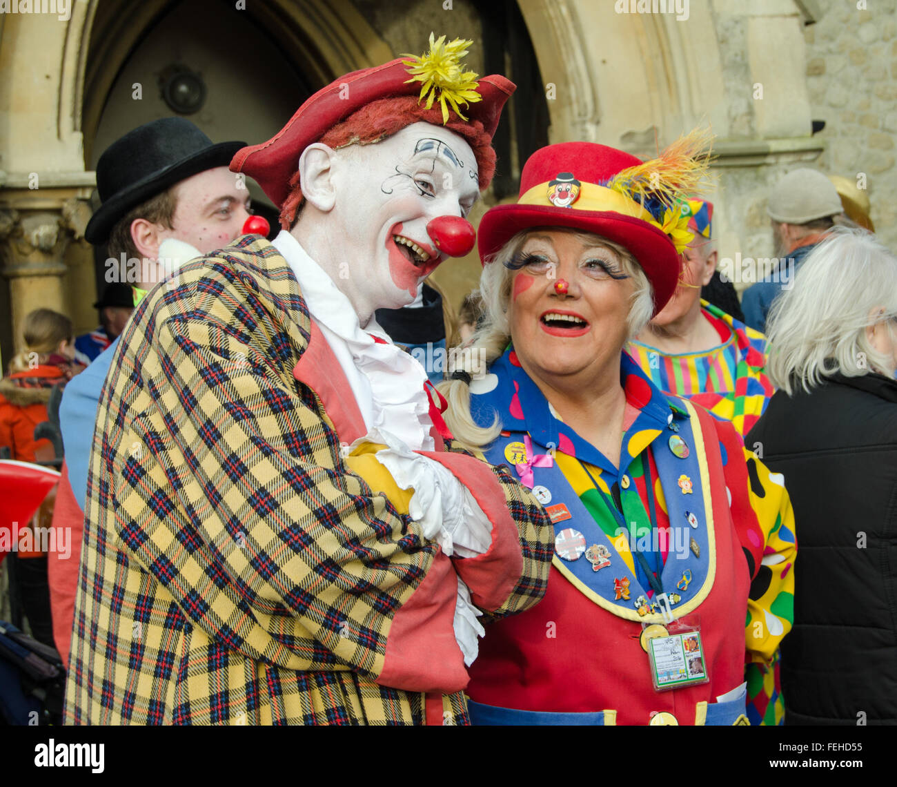 Hackney, London, UK. 7th February, 2016. Female clown Pip jokes with a colleague before the Annual Clown Service in memory of Joseph Grimaldi held at All Saints Church, Haggerston, Hackney in London's East End. Credit:  Amanda Lewis/Alamy Live News Stock Photo
