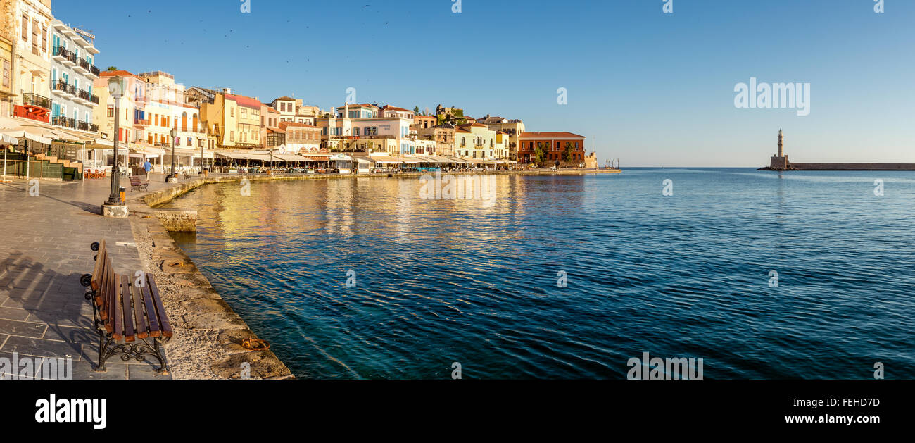 Panorama of Chania harbor, Crete, Greece Stock Photo