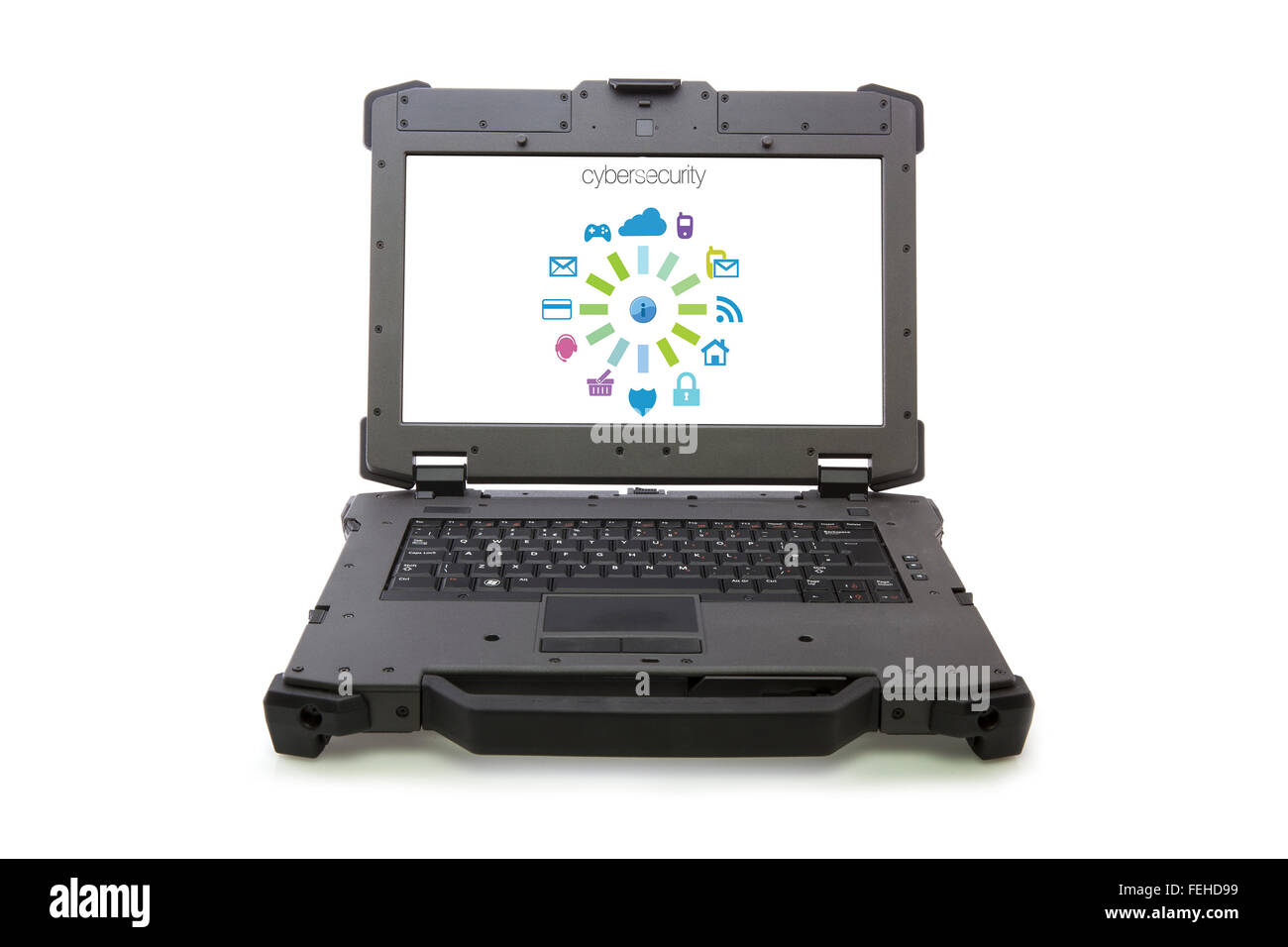 Open Rugged laptop with a Cyber security Screen Stock Photo