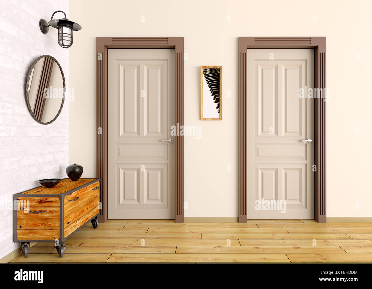 Interior of modern entrance hall with two doors 3d render Stock Photo