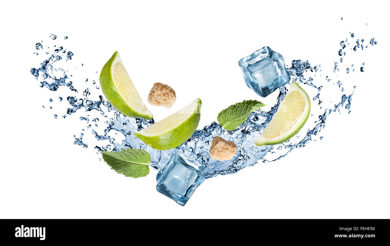 ingredients of mohito cocktail with water splash isolated on white