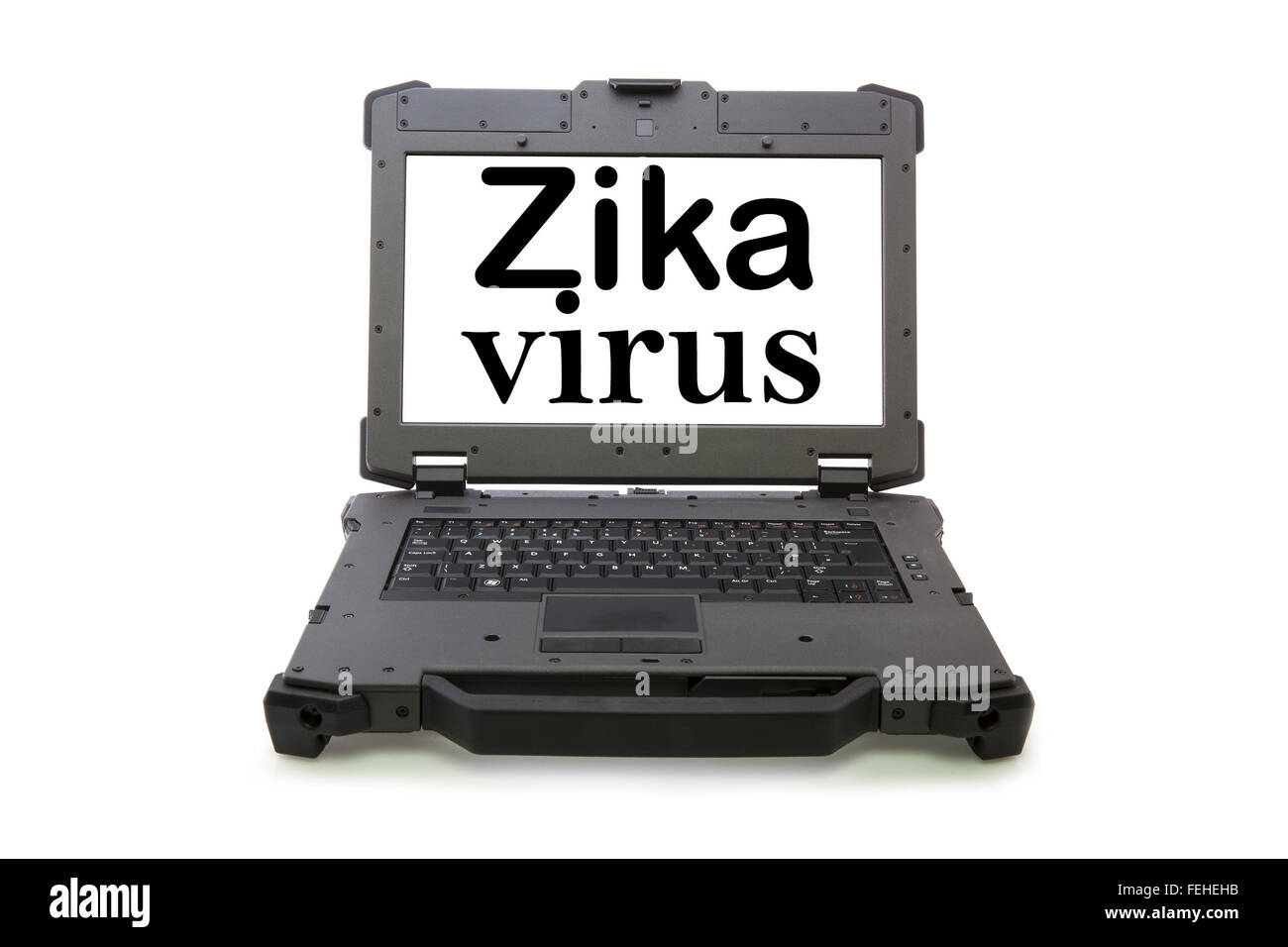 Open Rugged  laptop with Zika Virus on Screen Stock Photo