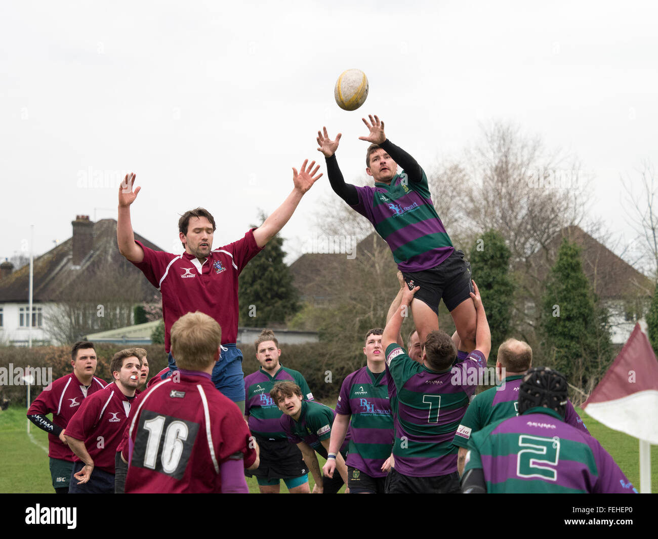 A line-out during a rugby match Stock Photo