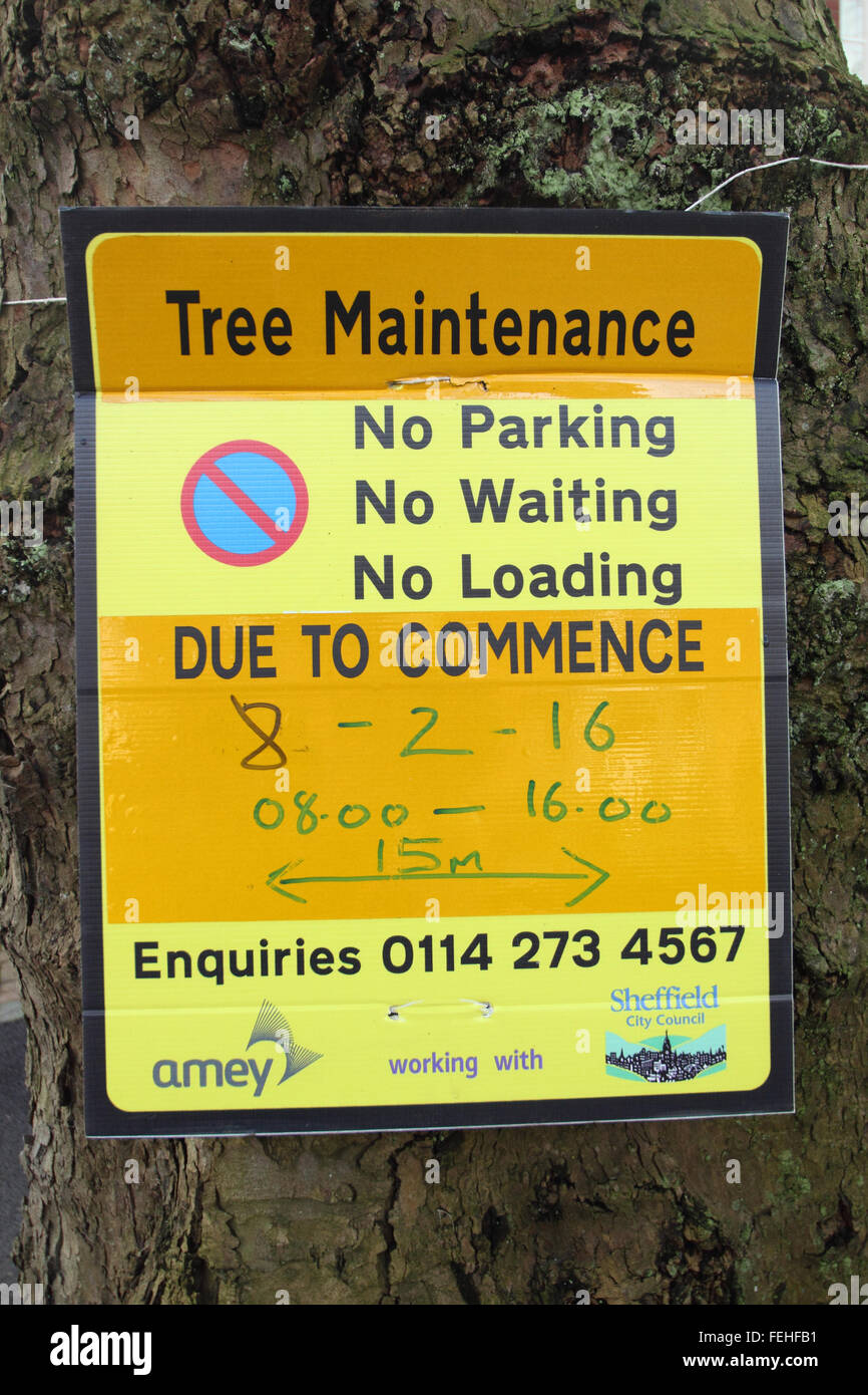 A sign on a tree in Nather Edge, Sheffield warns that tree maintenance ...