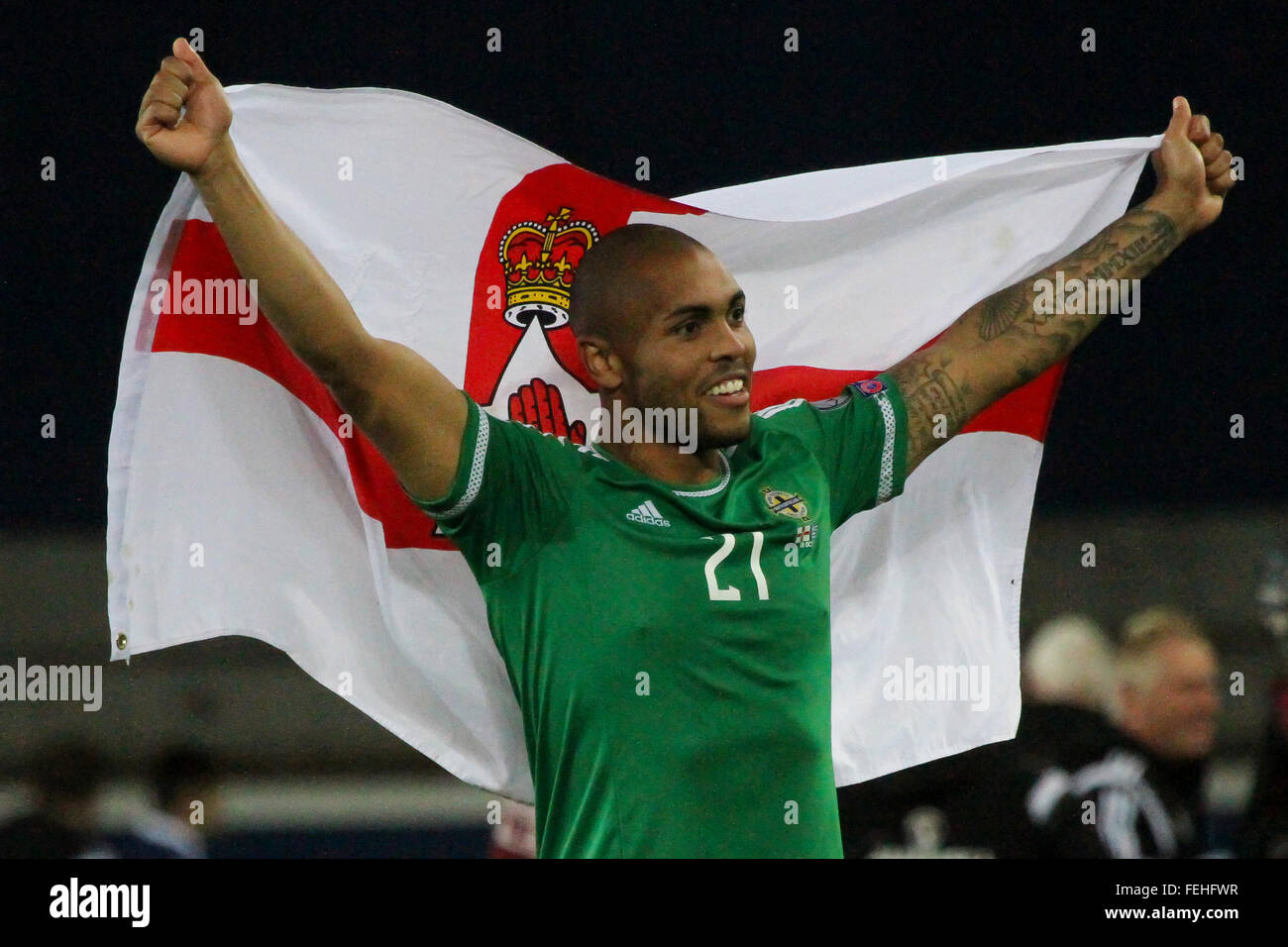 08 Oct 2015 - Euro 2016 Qualifier - Group F - Northern Ireland 3 Greece 1. Northern Ireland forward Josh Magennis celebrates qualification for the Euro 2016 finals. Stock Photo