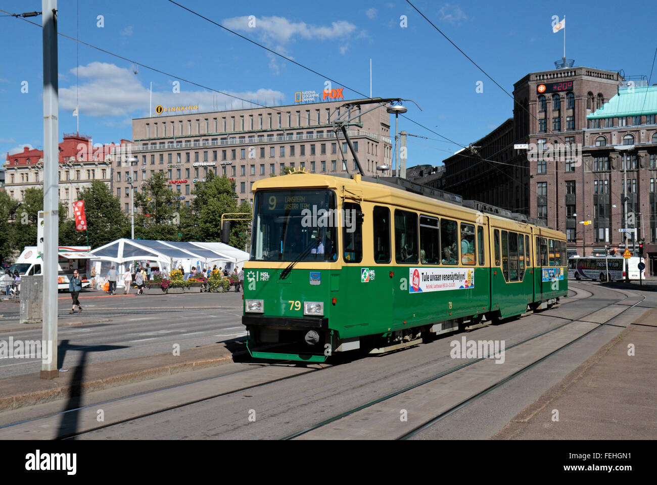 The No 9 electric tram operated by HSL (Helsingin Seudun Liikenne) in Helsinki, Finland. Stock Photo