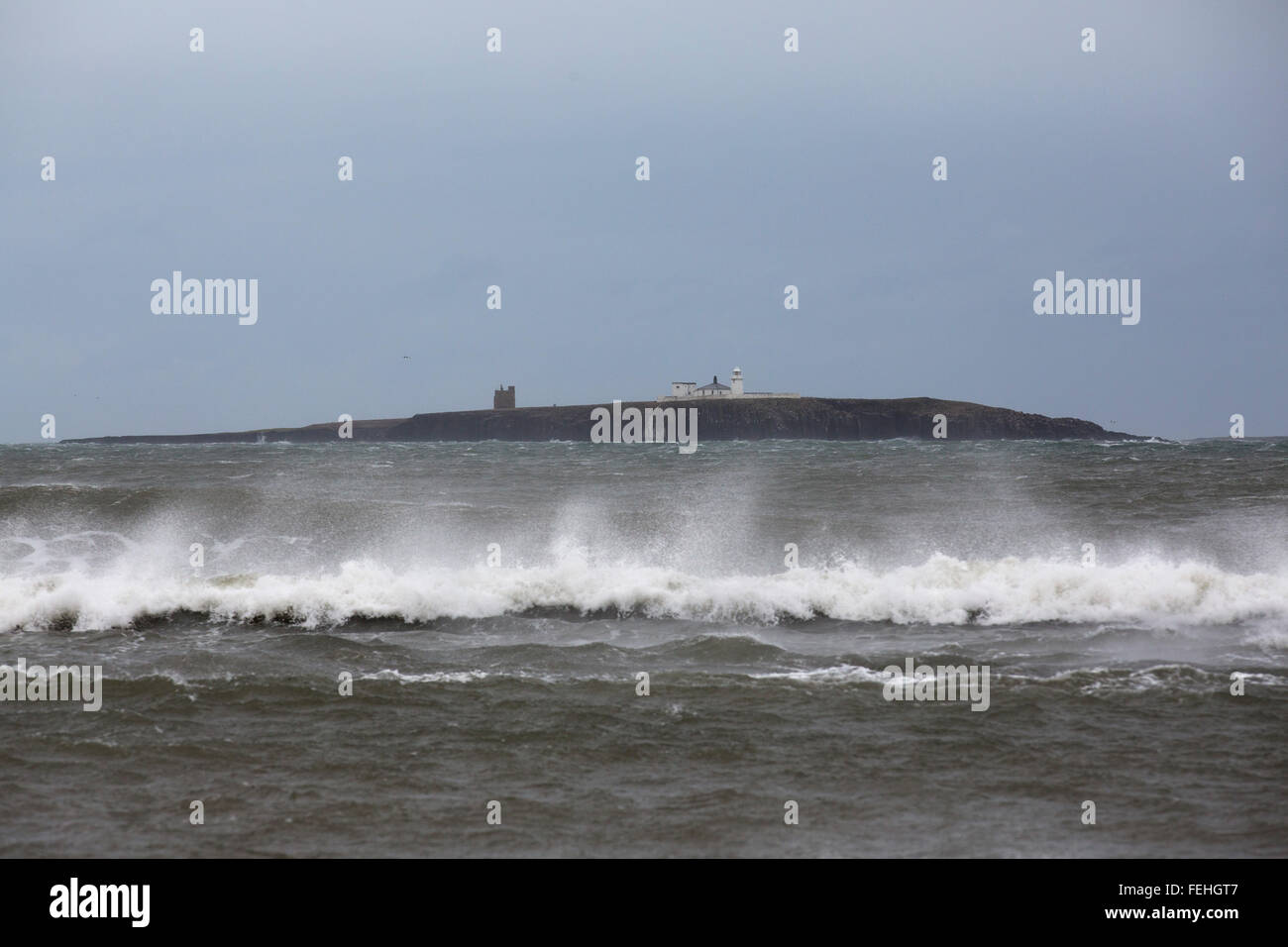 Northumberland, UK. 7th February, 2016. UK Weather: Waves on the North Sea crash against the Farne Islands off the coast of Northumberland, England. The wind whips the whitecaps of the waves. Credit:  Stuart Forster/Alamy Live News Stock Photo
