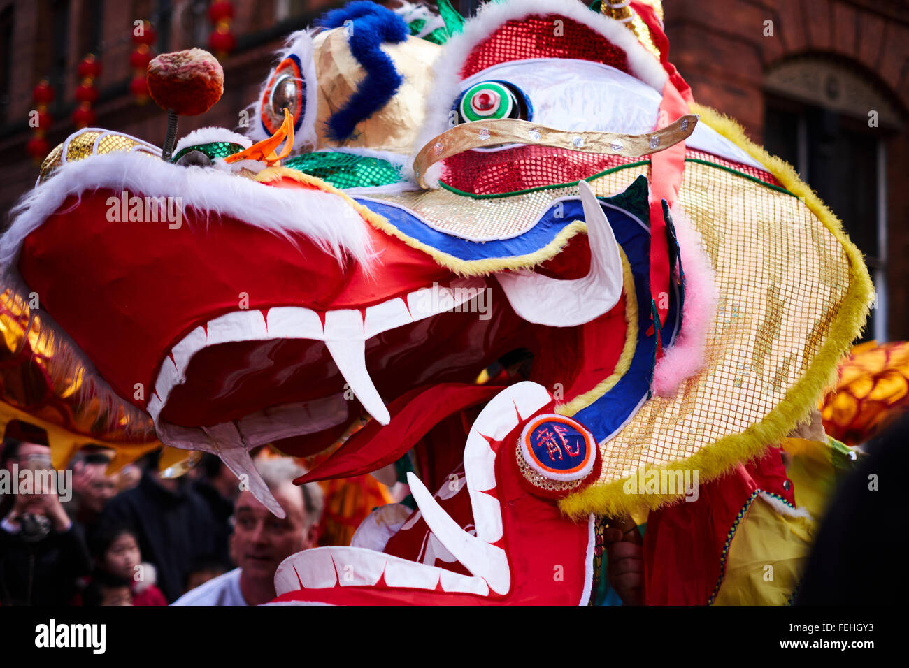 Chinese New Year celebrations in Manchester. Dragon's head Stock Photo
