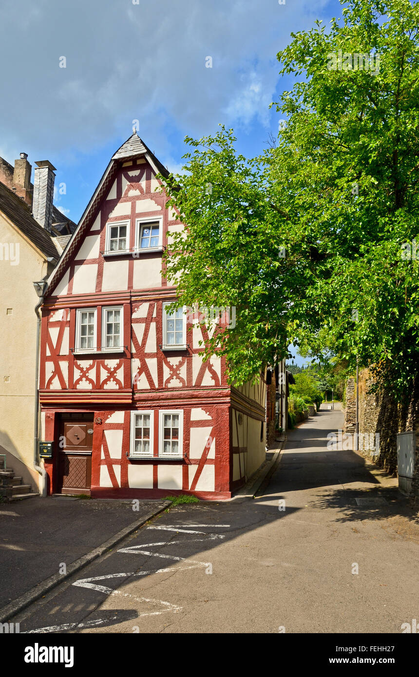 Moselle Valley Germany: View to historic half timbered house in the old town of Traben-Trarbach, Europe Stock Photo