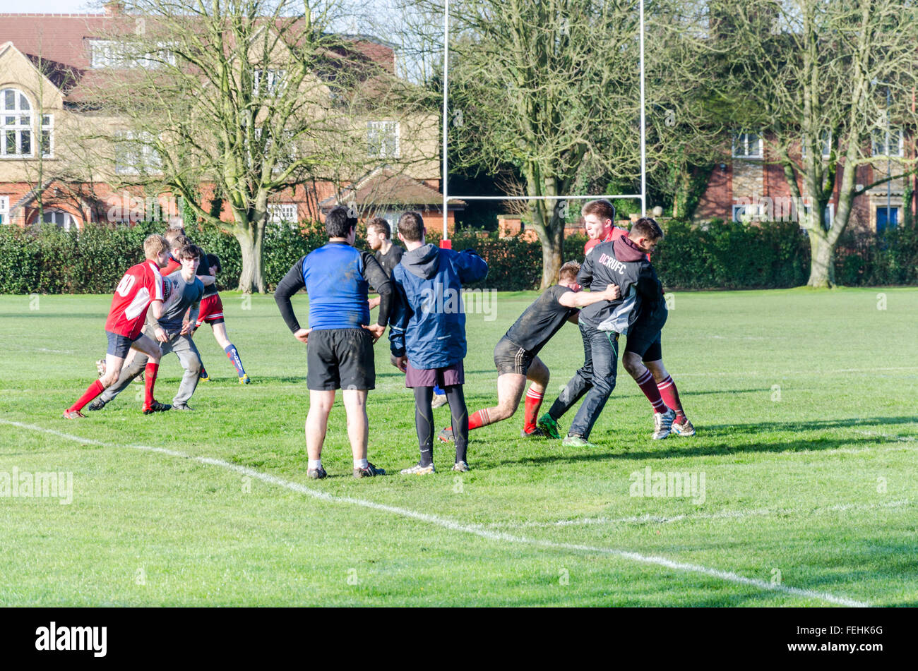 Rugby practice on St Legend's Park, Cambridge, UK Stock Photo