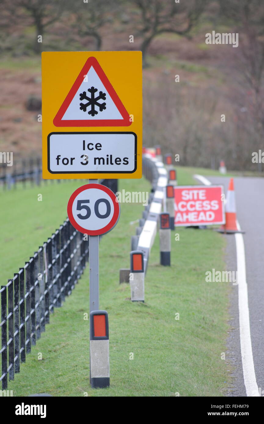 Ice sign near Woodhead Reservoir. Stock Photo