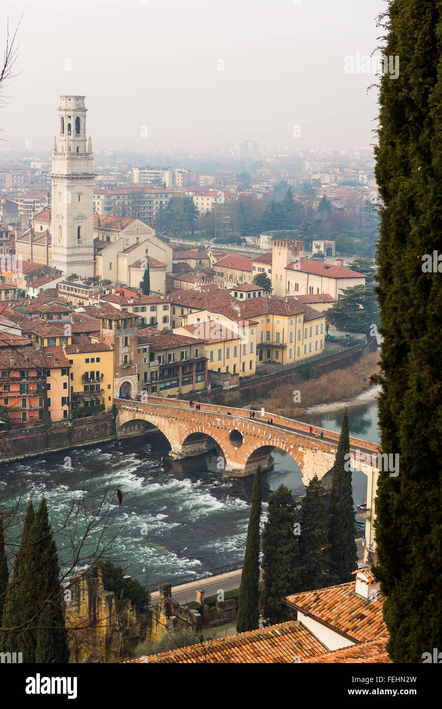 Ponte Pietra on river Adige, ancient roman bridge in the old town of ...