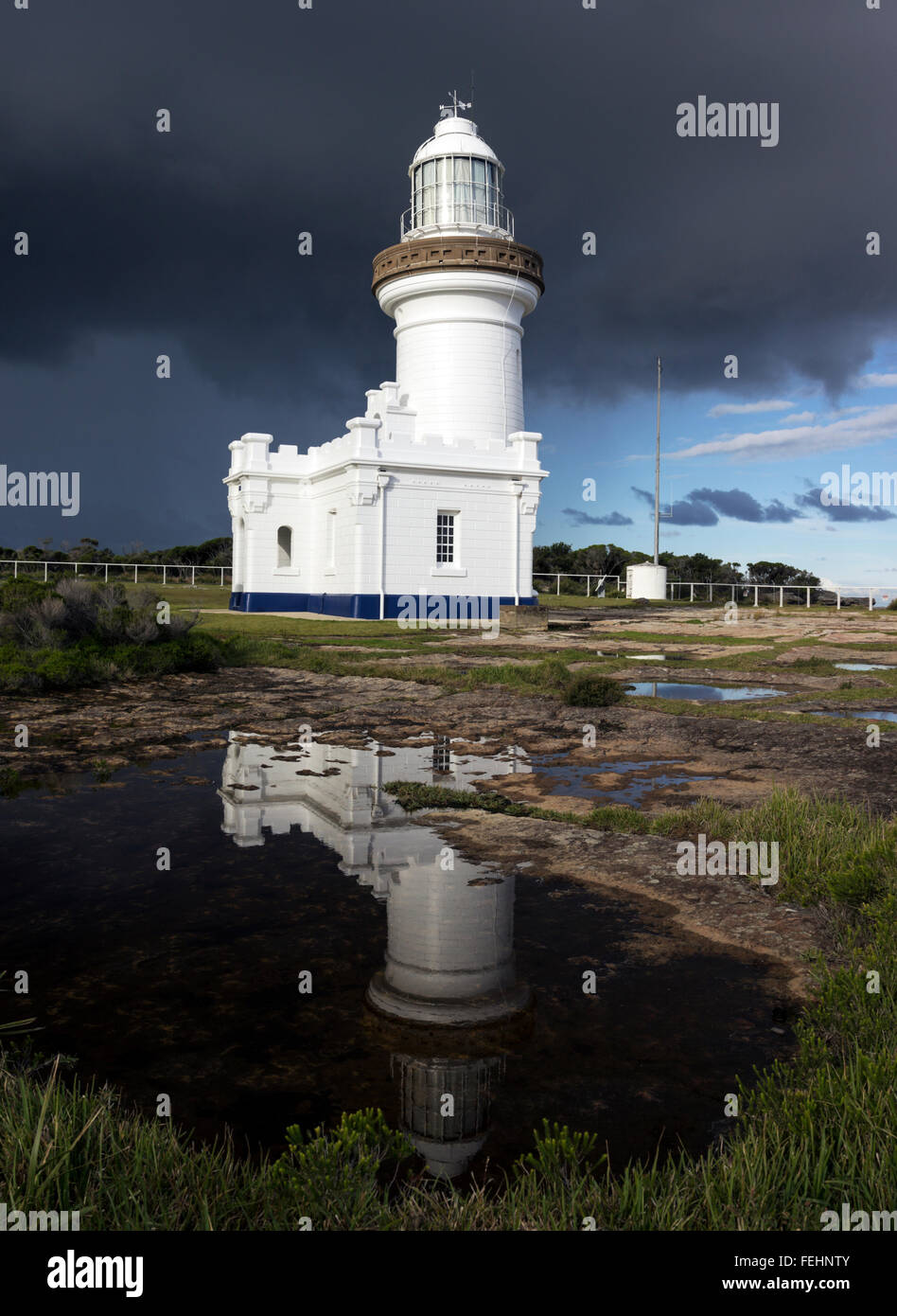 Point Perpendicular Lighthouse reflected in the pond. Stock Photo