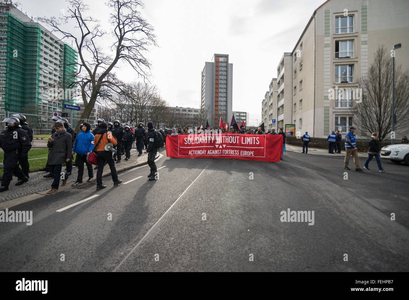 Dresden, Germany, 6th Febuary, 2016. Various factions of the antifascist movement marching in Dresden’s old town, under the banner of the Europe-wide rally "Solidarity without Limits". The Demonstration is against the Europe-wide Pegida-rally "Fortress Europe". Credit:  Leon Breiter/Alamy Live News Stock Photo