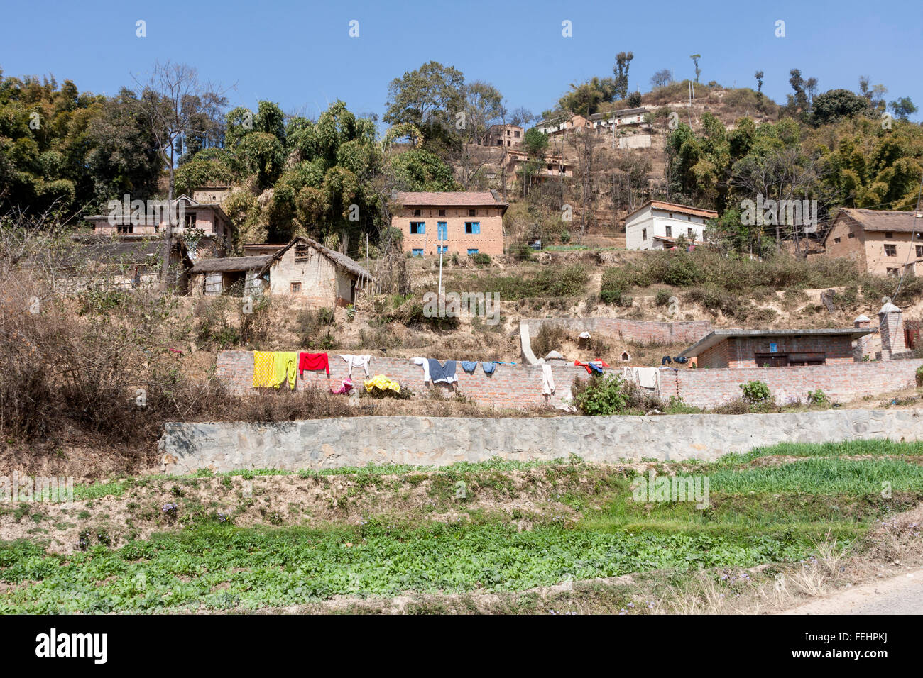 Bhaktapur, Nepal.  Rural Houses on Hillside below Changu Narayan. Stock Photo