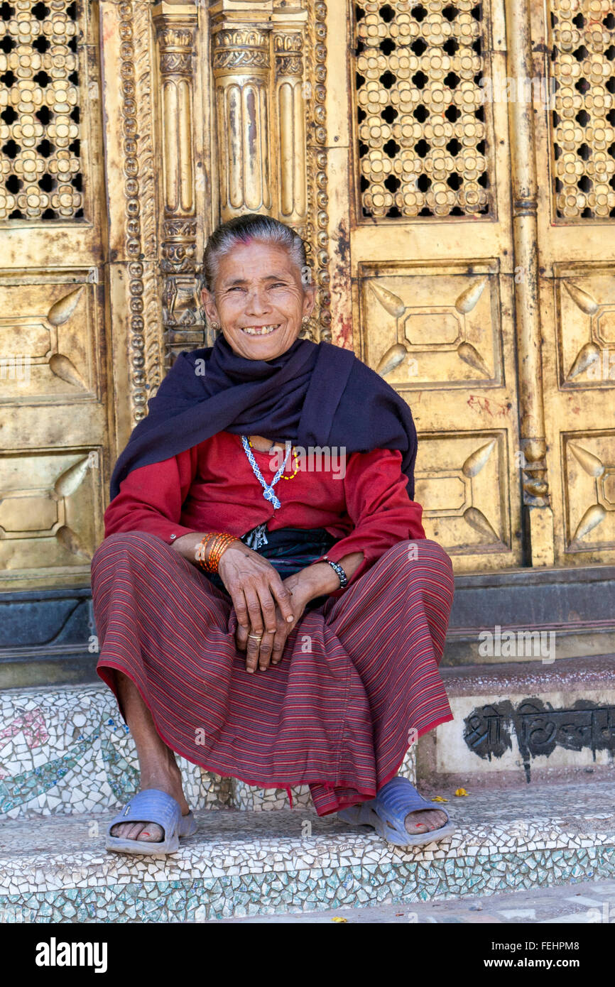 Nepal, Changu Narayan.  Old Smiling Newari Hindu Woman. Stock Photo