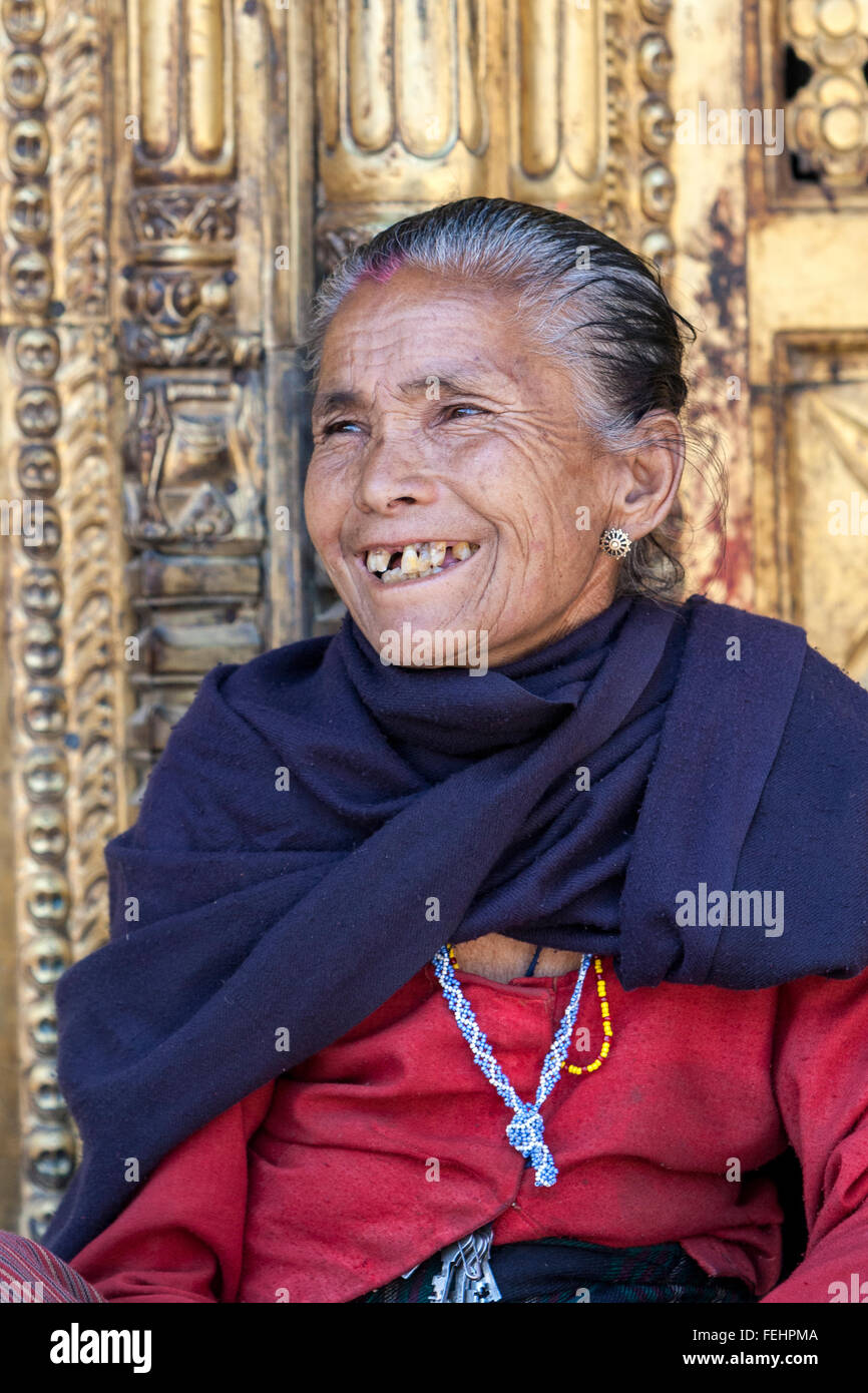 Nepal, Changu Narayan.  Old Smiling Newari Hindu Woman. Stock Photo