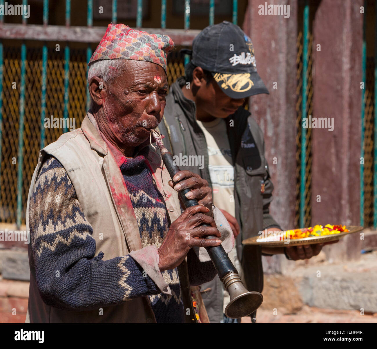 Nepal, Changu Narayan. Musician Accompanying a Bratabandha Ceremony