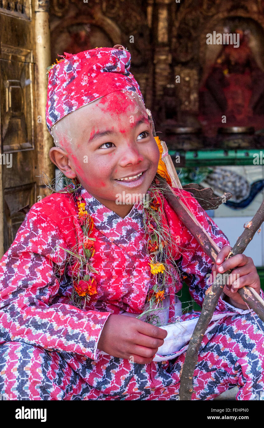 Nepal, Changu Narayan.  A Nine-year-old Hindu Boy Participating in his Bratabandha Ceremony Marking his Entry into Manhood. Stock Photo