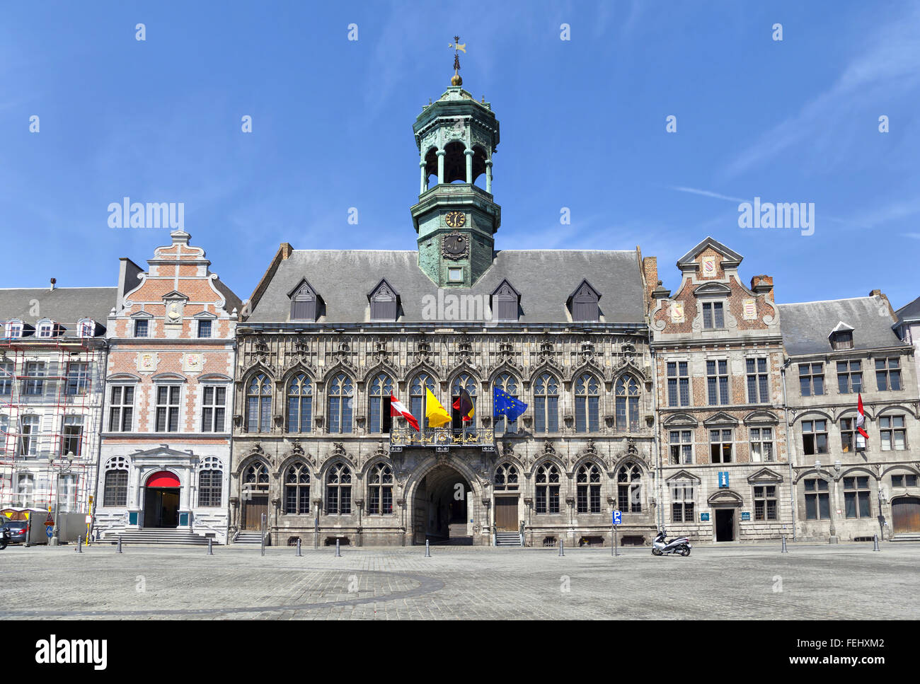 Gothic style City Hall and it's renaissance bell tower on the Grand Place square in Mons, Belgium Stock Photo