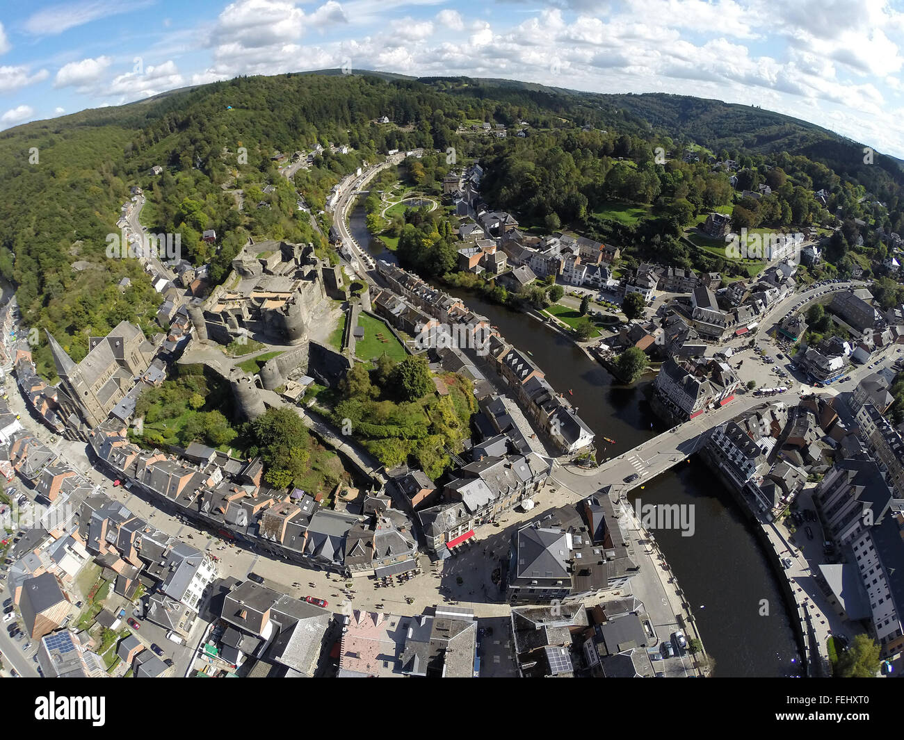 Aerial view on belgian city La Roche-en-Ardenne with ruins of medieval ...